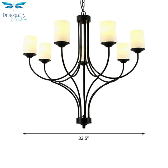 Cylinder Bedroom Pendant Chandelier Traditional Opal Glass 7 Lights Black Hanging Fixture