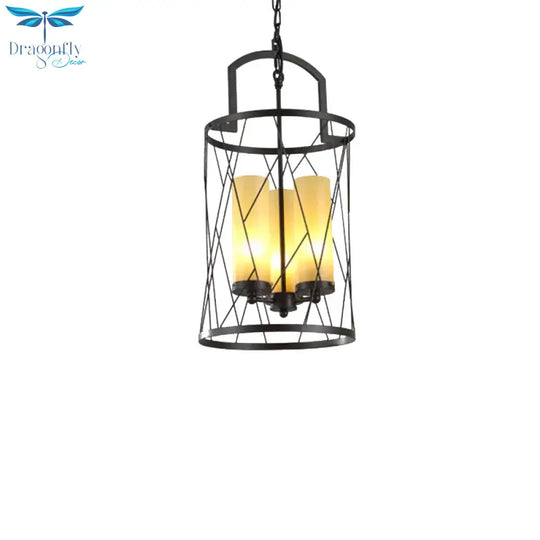 Cylinder Beige Glass Hanging 3 Light Chandelier In Black