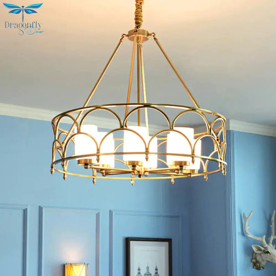Cylinder Chandelier Modern Metal 4/8 Bulbs Hanging Ceiling Light In Brass With Frosted Glass Shade