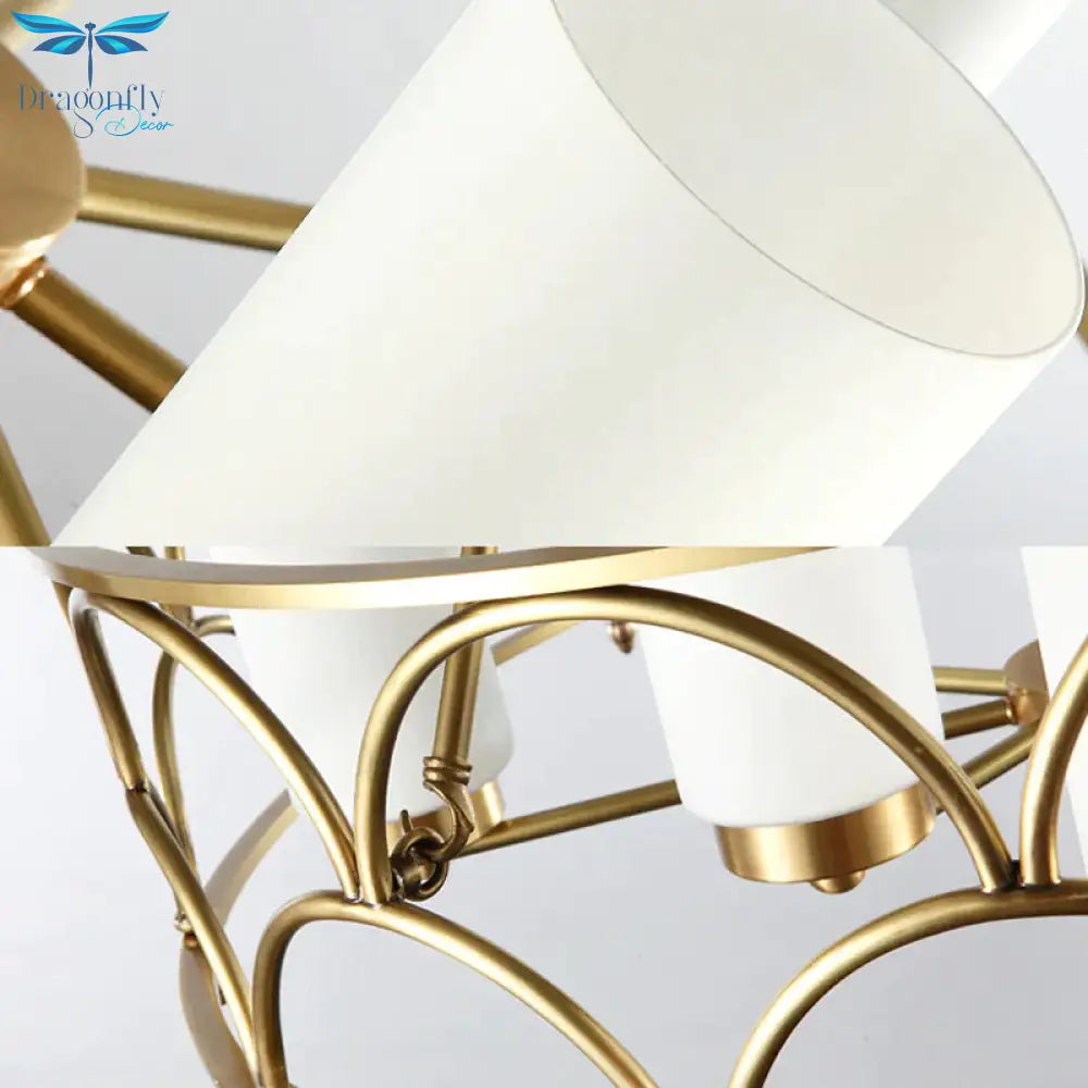 Cylinder Chandelier Modern Metal 4/8 Bulbs Hanging Ceiling Light In Brass With Frosted Glass Shade