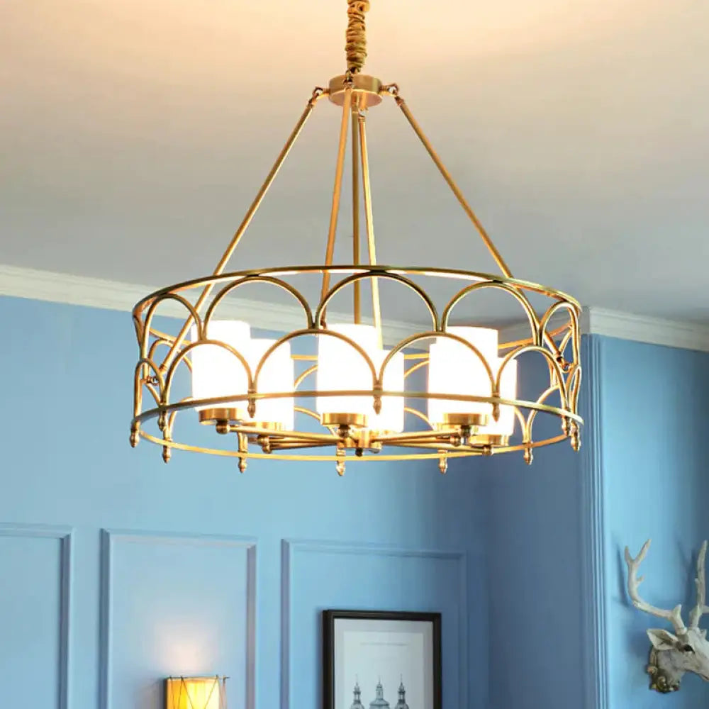 Cylinder Chandelier Modern Metal 4/8 Bulbs Hanging Ceiling Light In Brass With Frosted Glass Shade