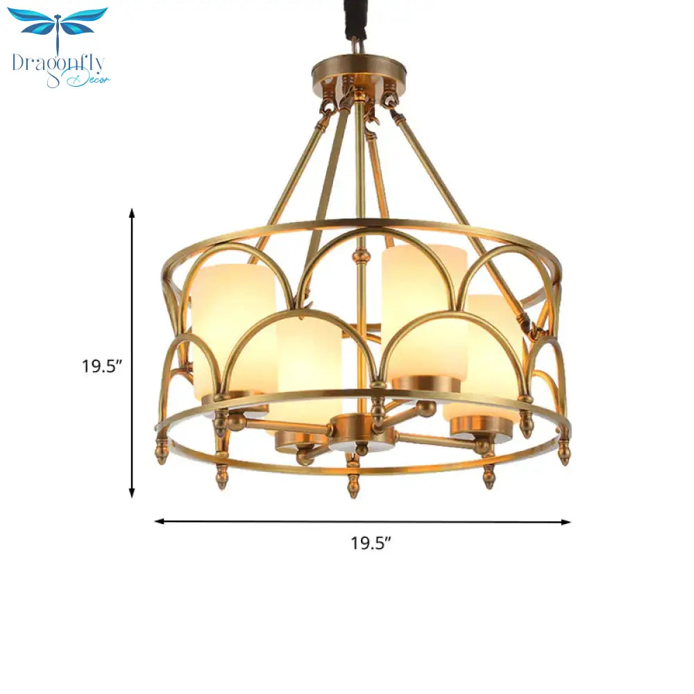 Cylinder Chandelier Modern Metal 4/8 Bulbs Hanging Ceiling Light In Brass With Frosted Glass Shade