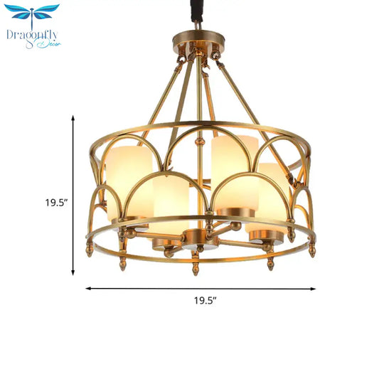 Cylinder Chandelier Modern Metal 4/8 Bulbs Hanging Ceiling Light In Brass With Frosted Glass Shade