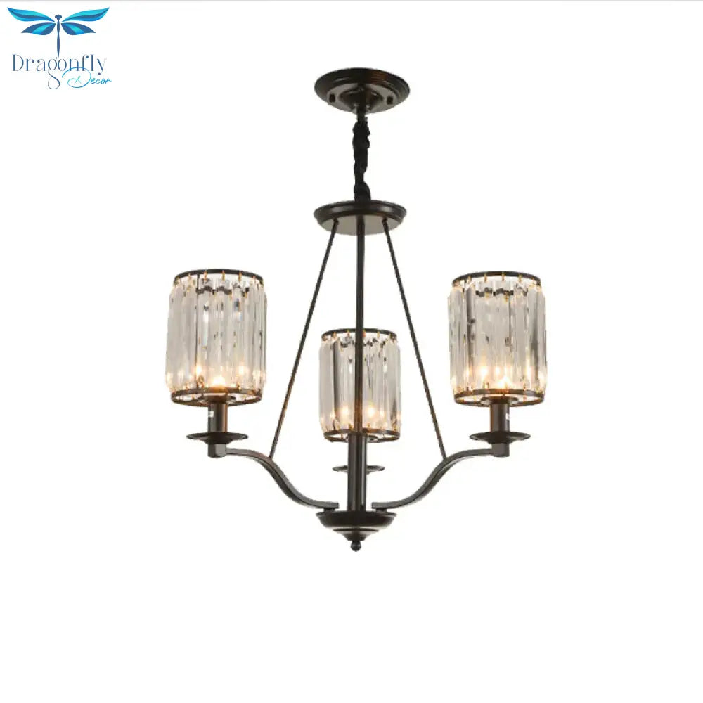 Cylinder Clear Ribbed Glass Chandelier Light Traditional 3/6 Lights Living Room Pendant Lighting In