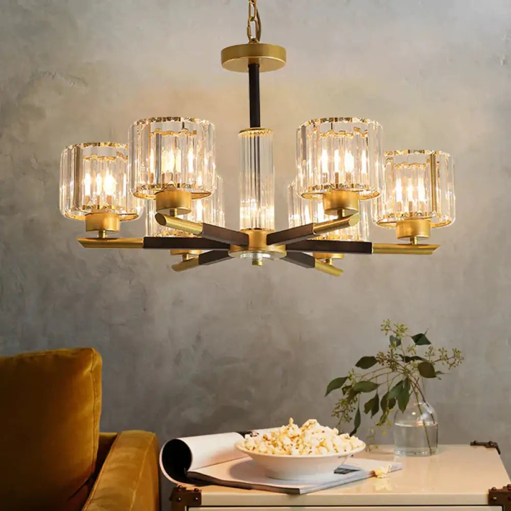 Cylinder Crystal Block Chandelier Light Traditional 3/6/8 Lights Dining Room Hanging In Gold 6 /