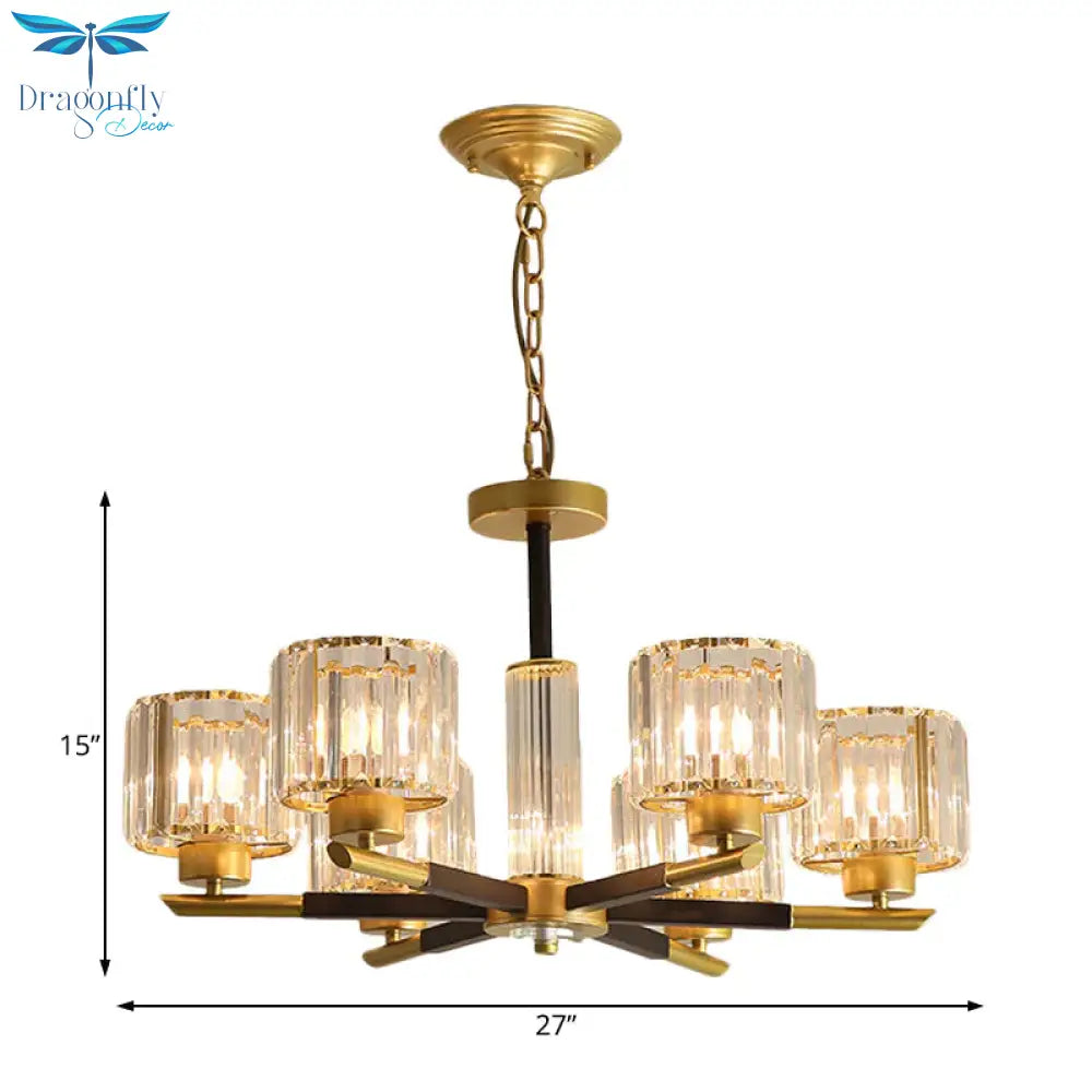 Cylinder Crystal Block Chandelier Light Traditional 3/6/8 Lights Dining Room Hanging In Gold
