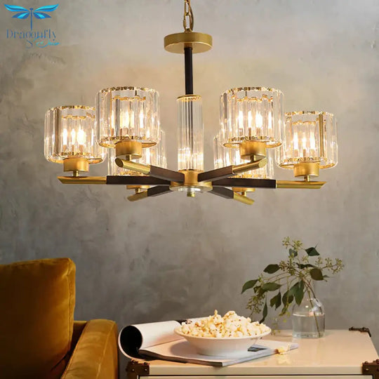 Cylinder Crystal Block Chandelier Light Traditional 3/6/8 Lights Dining Room Hanging In Gold