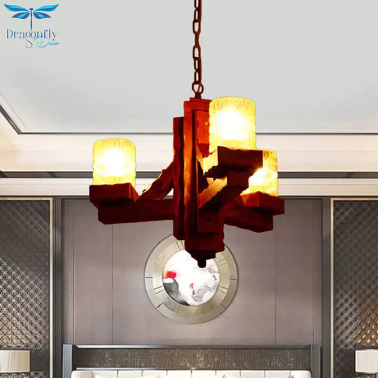 Cylinder Dining Room Pendant Chandelier Rustic Yellow Dimpled Glass 3 Lights Brown Hanging Lighting