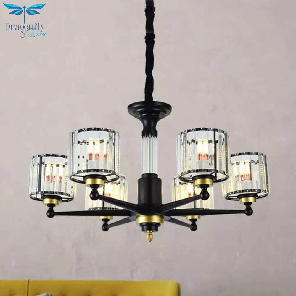 Cylinder Hanging Light Fixture Modern Rectangle - Cut Crystal 6/8 Heads Black Ceiling Chandelier