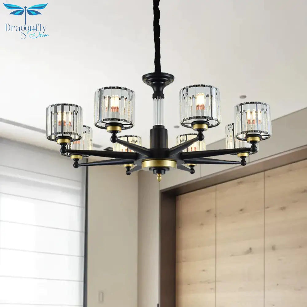 Cylinder Hanging Light Fixture Modern Rectangle - Cut Crystal 6/8 Heads Black Ceiling Chandelier