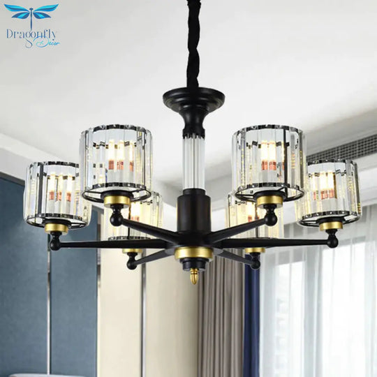 Cylinder Hanging Light Fixture Modern Rectangle - Cut Crystal 6/8 Heads Black Ceiling Chandelier