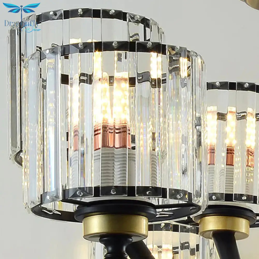 Cylinder Hanging Light Fixture Modern Rectangle - Cut Crystal 6/8 Heads Black Ceiling Chandelier