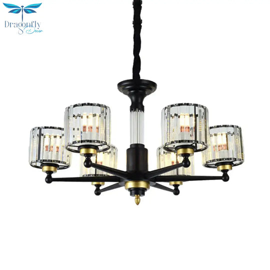 Cylinder Hanging Light Fixture Modern Rectangle - Cut Crystal 6/8 Heads Black Ceiling Chandelier