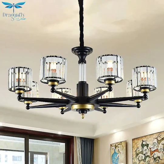Cylinder Hanging Light Fixture Modern Rectangle - Cut Crystal 6/8 Heads Black Ceiling Chandelier