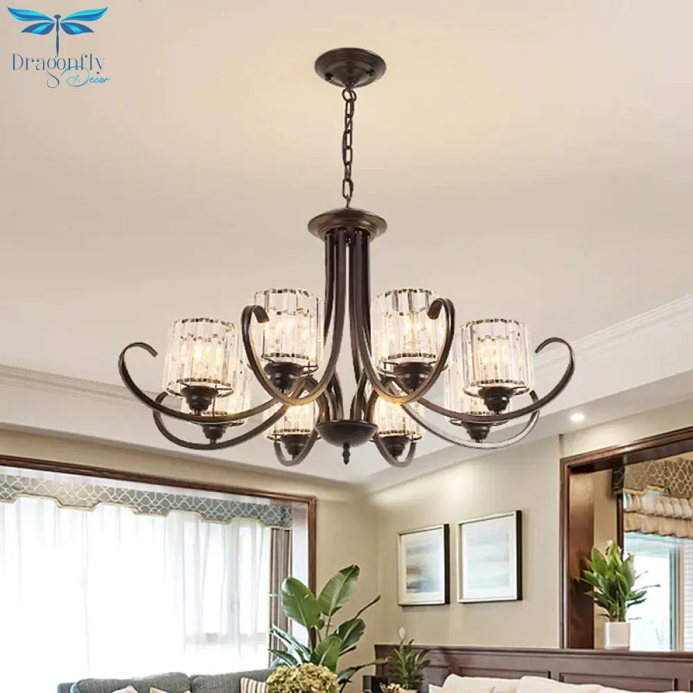 Cylinder Living Room Chandelier Vintage Clear Crystal 6/8 Heads Black/Gold Pendant Lighting With