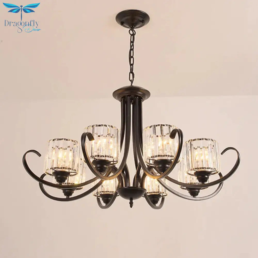 Cylinder Living Room Chandelier Vintage Clear Crystal 6/8 Heads Black/Gold Pendant Lighting With