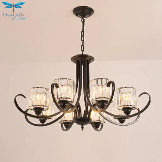 Cylinder Living Room Chandelier Vintage Clear Crystal 6/8 Heads Black/Gold Pendant Lighting With