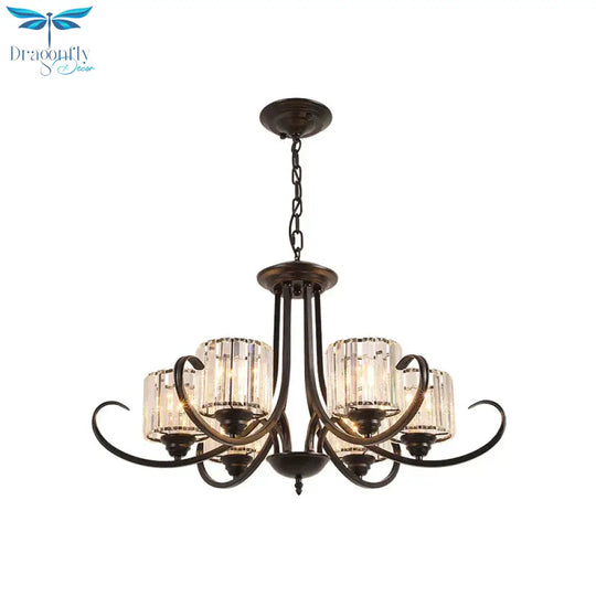 Cylinder Living Room Chandelier Vintage Clear Crystal 6/8 Heads Black/Gold Pendant Lighting With