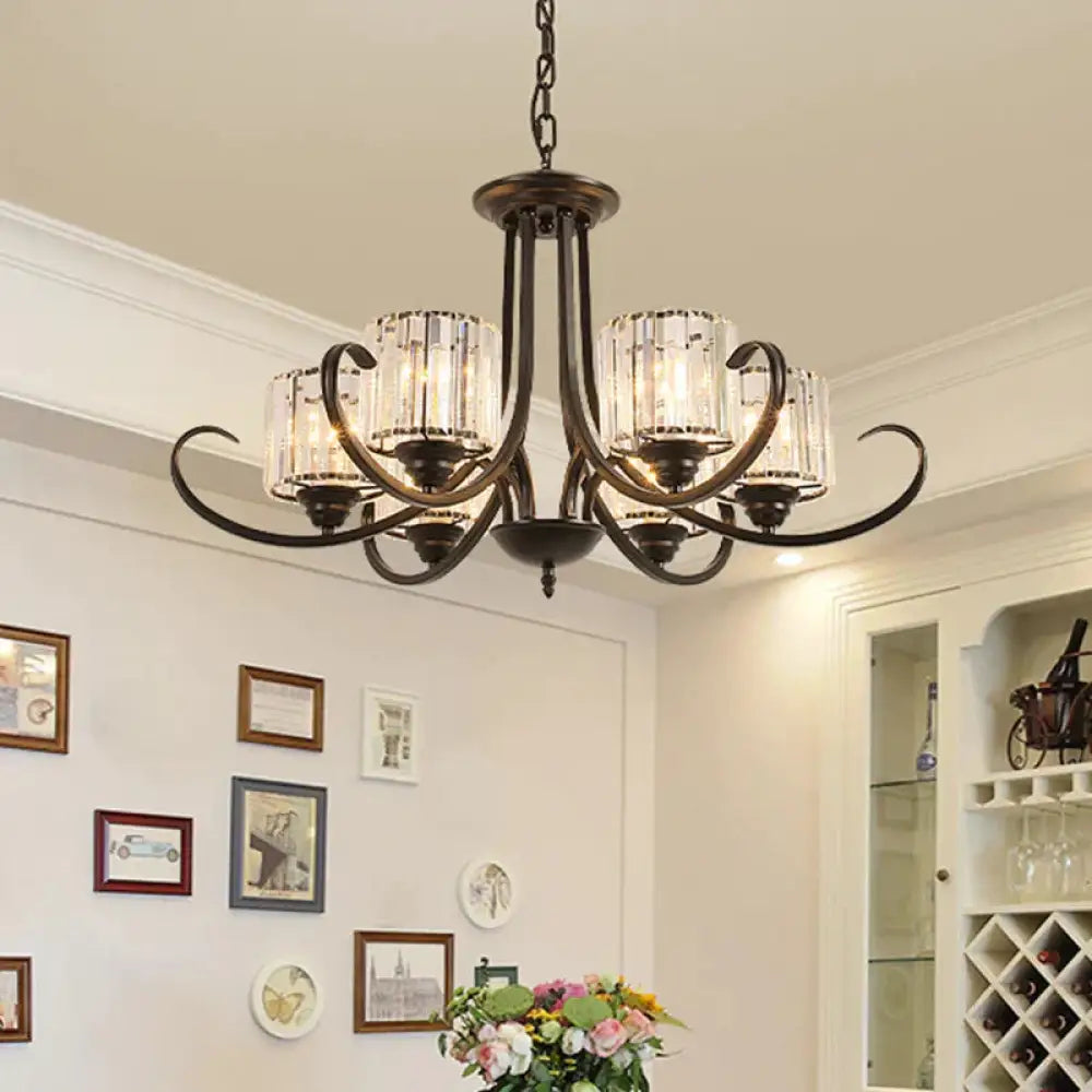 Cylinder Living Room Chandelier Vintage Clear Crystal 6/8 Heads Black/Gold Pendant Lighting With