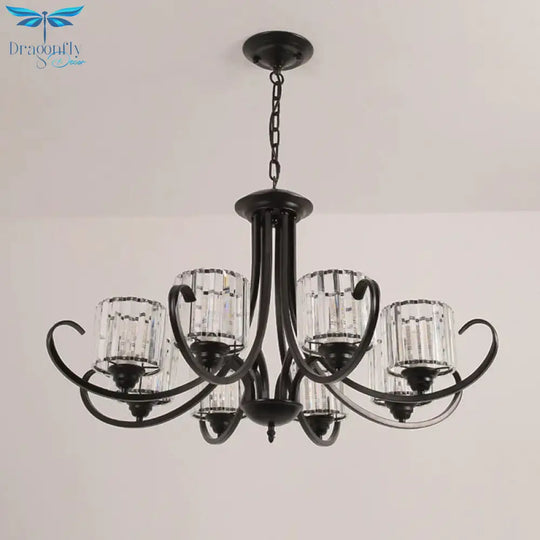 Cylinder Living Room Chandelier Vintage Clear Crystal 6/8 Heads Black/Gold Pendant Lighting With