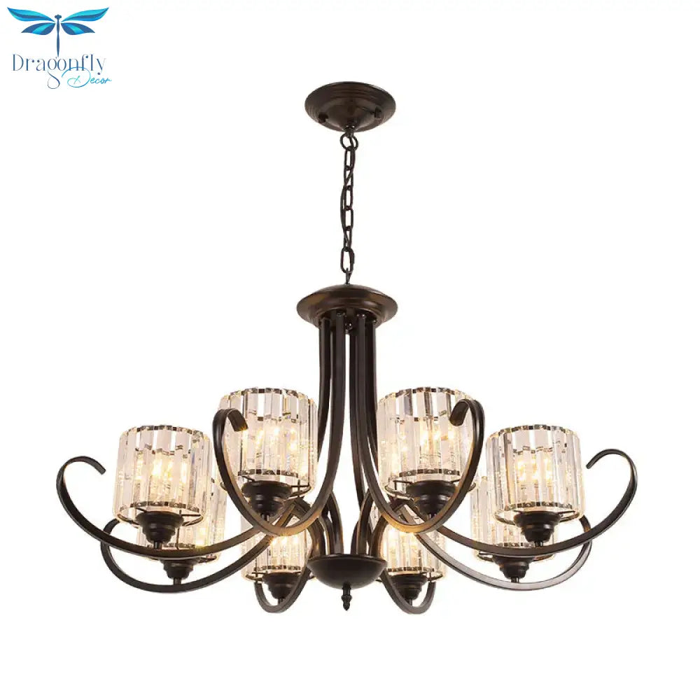 Cylinder Living Room Chandelier Vintage Clear Crystal 6/8 Heads Black/Gold Pendant Lighting With