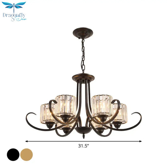 Cylinder Living Room Chandelier Vintage Clear Crystal 6/8 Heads Black/Gold Pendant Lighting With