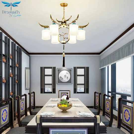 Cylinder Living Room Hanging Chandelier Traditional Style Metal 6/8/10 Lights Brass Ceiling Light