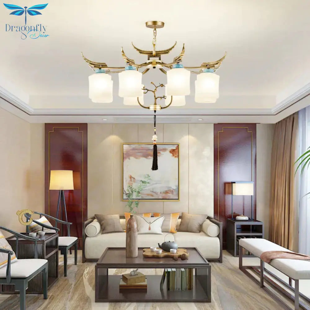 Cylinder Living Room Hanging Chandelier Traditional Style Metal 6/8/10 Lights Brass Ceiling Light