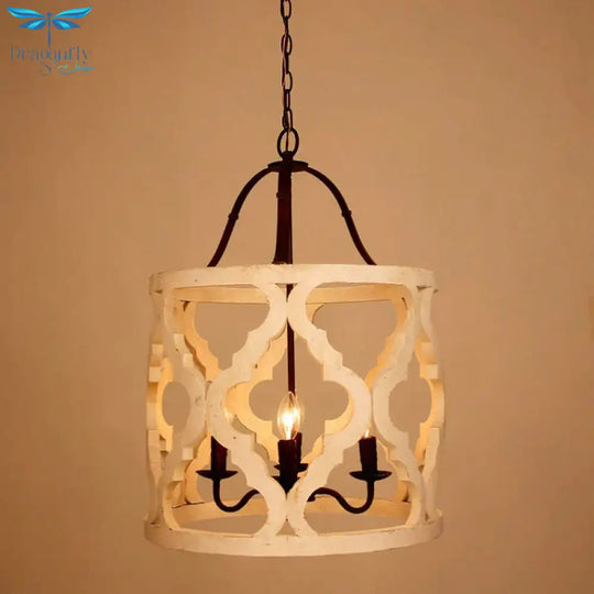 Cylinder Pendant Chandelier Traditional Wood 4 Bulbs White/Tan Hanging Ceiling Light With