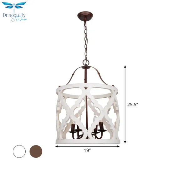 Cylinder Pendant Chandelier Traditional Wood 4 Bulbs White/Tan Hanging Ceiling Light With