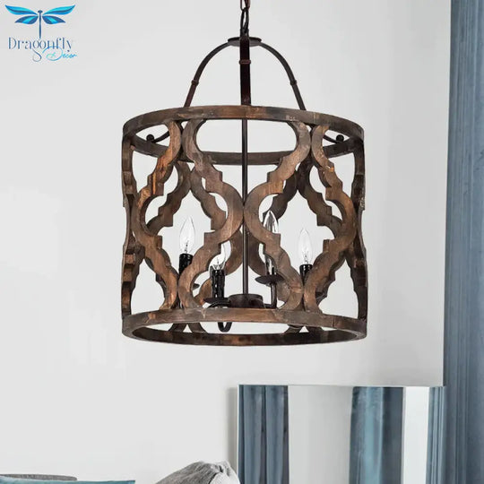 Cylinder Pendant Chandelier Traditional Wood 4 Bulbs White/Tan Hanging Ceiling Light With