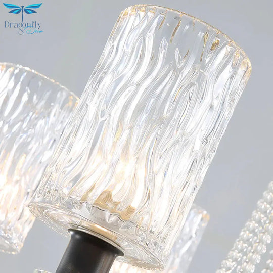 Cylinder Water Glass Pendant Light Simple Style 6 Heads Living Room Chandelier Lighting In Gold