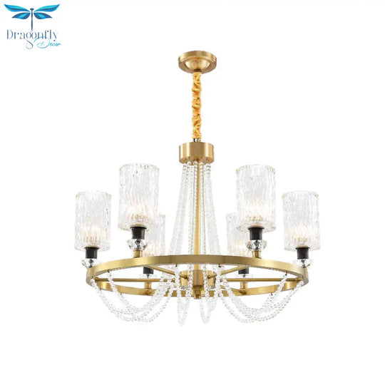 Cylinder Water Glass Pendant Light Simple Style 6 Heads Living Room Chandelier Lighting In Gold