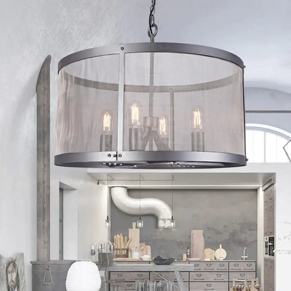 Cylindrical Screen Iron Hanging Pendant Farmhouse 2/4 Lights Black Chandelier Lighting 4 /