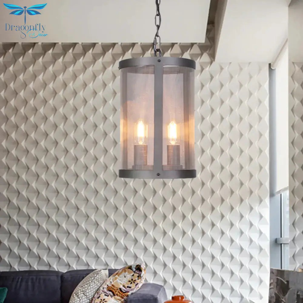 Cylindrical Screen Iron Hanging Pendant Farmhouse 2/4 Lights Black Chandelier Lighting