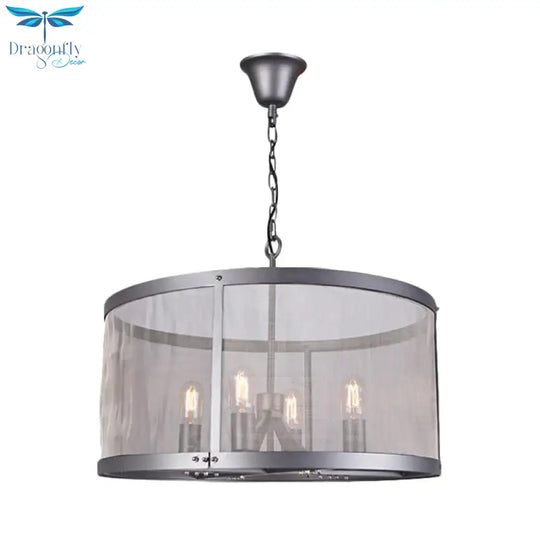Cylindrical Screen Iron Hanging Pendant Farmhouse 2/4 Lights Black Chandelier Lighting