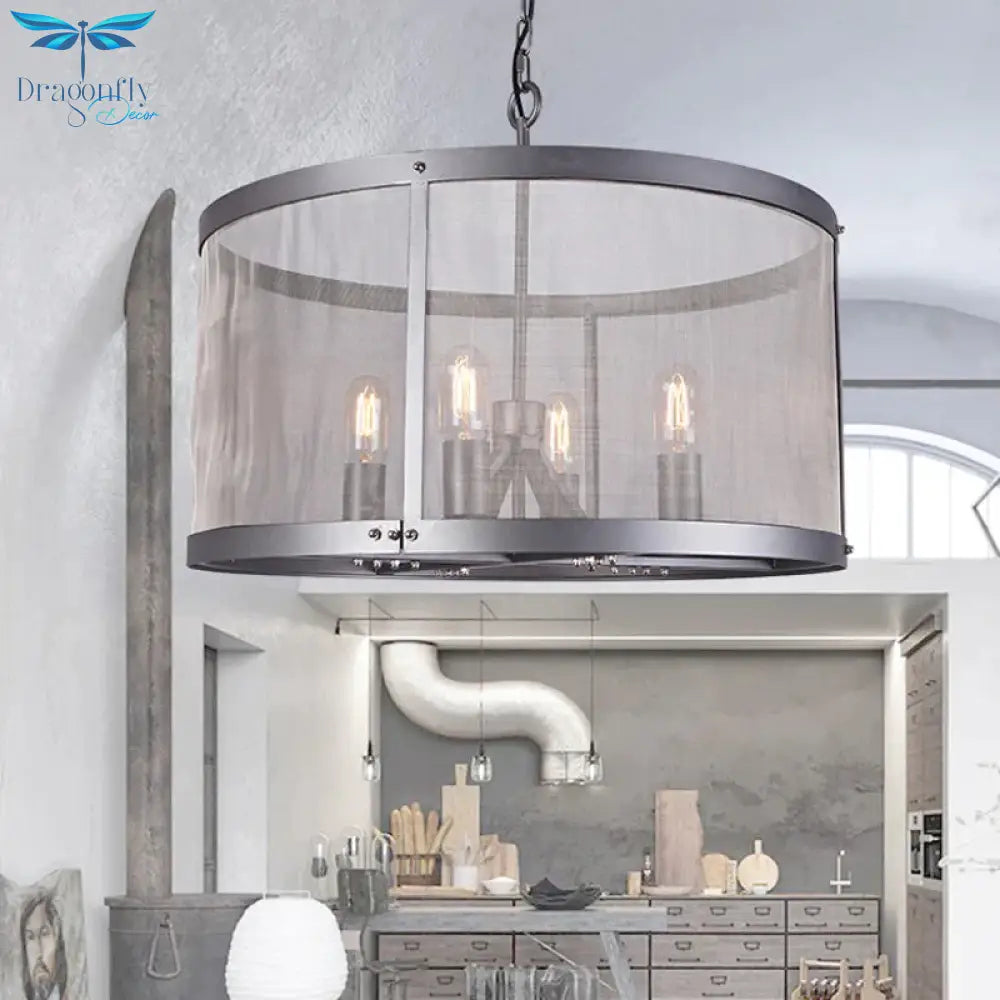 Cylindrical Screen Iron Hanging Pendant Farmhouse 2/4 Lights Black Chandelier Lighting