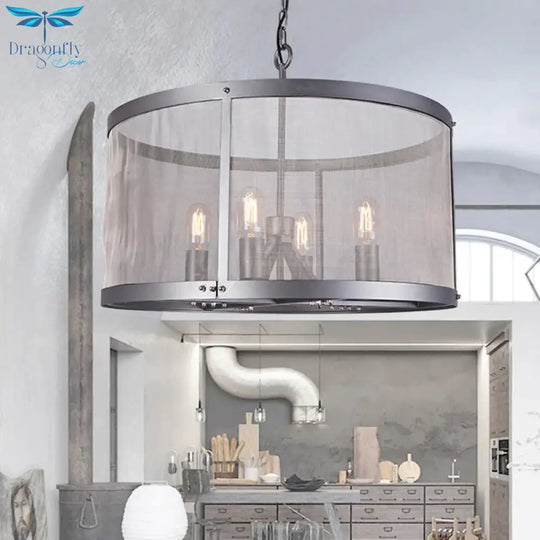 Cylindrical Screen Iron Hanging Pendant Farmhouse 2/4 Lights Black Chandelier Lighting