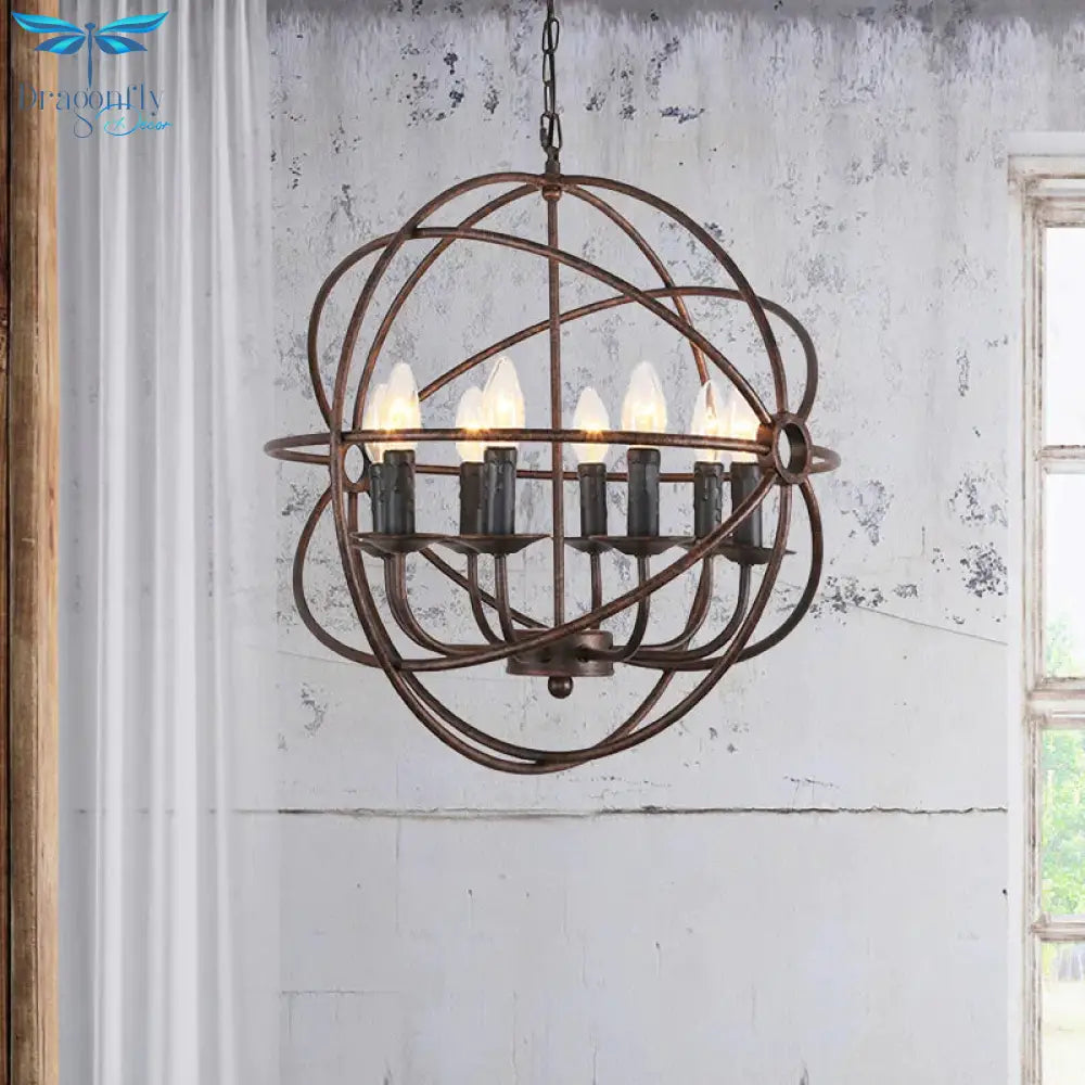 Dark Rust Orb Cage Suspension Light With Candle Design Rustic Stylish Wrought Iron 8 Heads Indoor