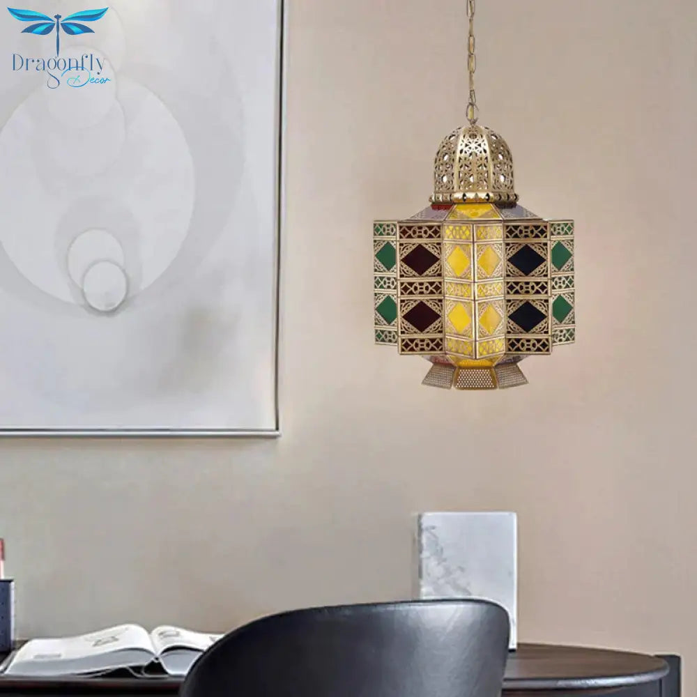 Decorative Lantern Pendant Light 6 - Bulb Stained Glass Hanging Chandelier In Brass For Living Room