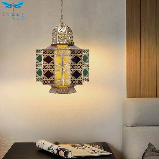 Decorative Lantern Pendant Light 6 - Bulb Stained Glass Hanging Chandelier In Brass For Living Room