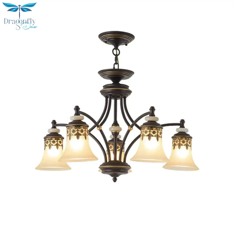Deep Tan Bell Pendant Lighting Traditional Frosted Glass 3/5/6 Lights Living Room Chandelier