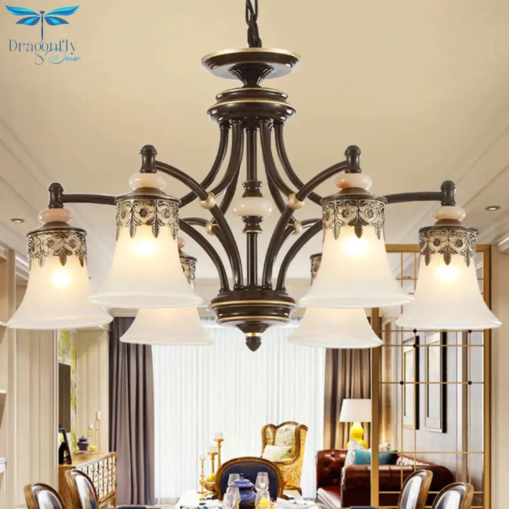 Deep Tan Bell Pendant Lighting Traditional Frosted Glass 3/5/6 Lights Living Room Chandelier