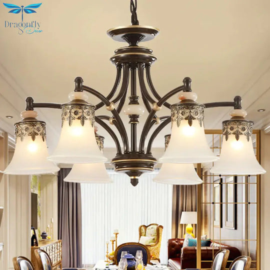 Deep Tan Bell Pendant Lighting Traditional Frosted Glass 3/5/6 Lights Living Room Chandelier