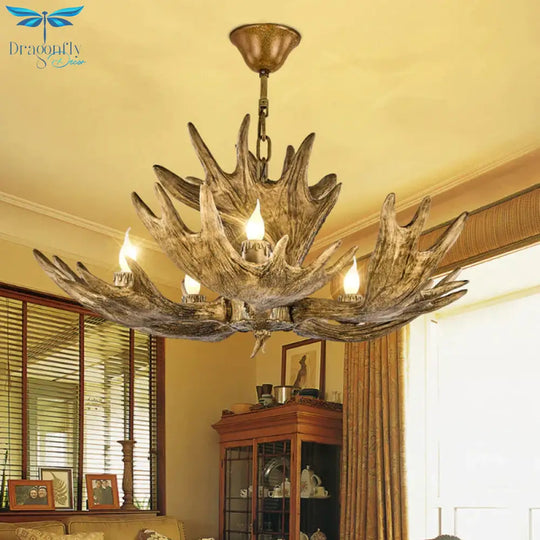 Deer Antler Resin Ceiling Light Traditional 5 - Bulb Living Room Pendant Chandelier In Brown