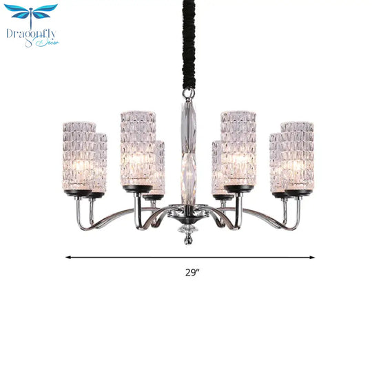 Dimpled Crystal Chrome Pendant Light Cylinder 8 Heads Simple Style Ceiling Chandelier
