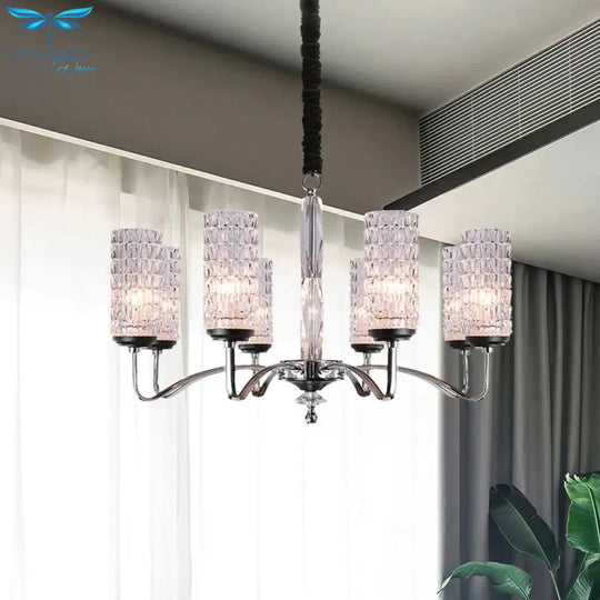 Dimpled Crystal Chrome Pendant Light Cylinder 8 Heads Simple Style Ceiling Chandelier
