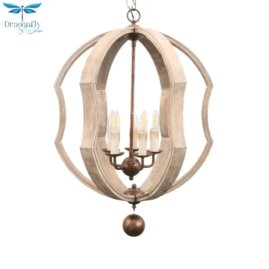 Distressed White Globe Chandelier Lighting Modern Wood 5 Bulbs Pendant Light Fixture With