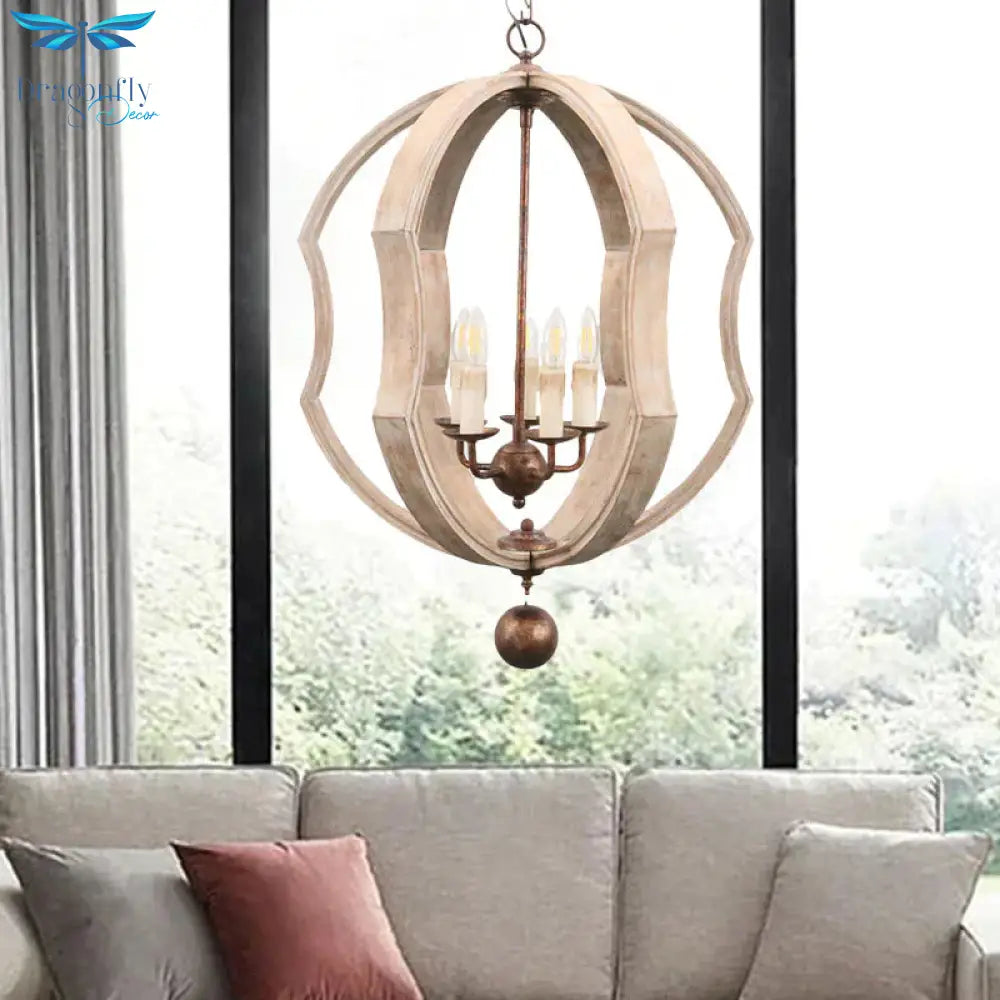 Distressed White Globe Chandelier Lighting Modern Wood 5 Bulbs Pendant Light Fixture With