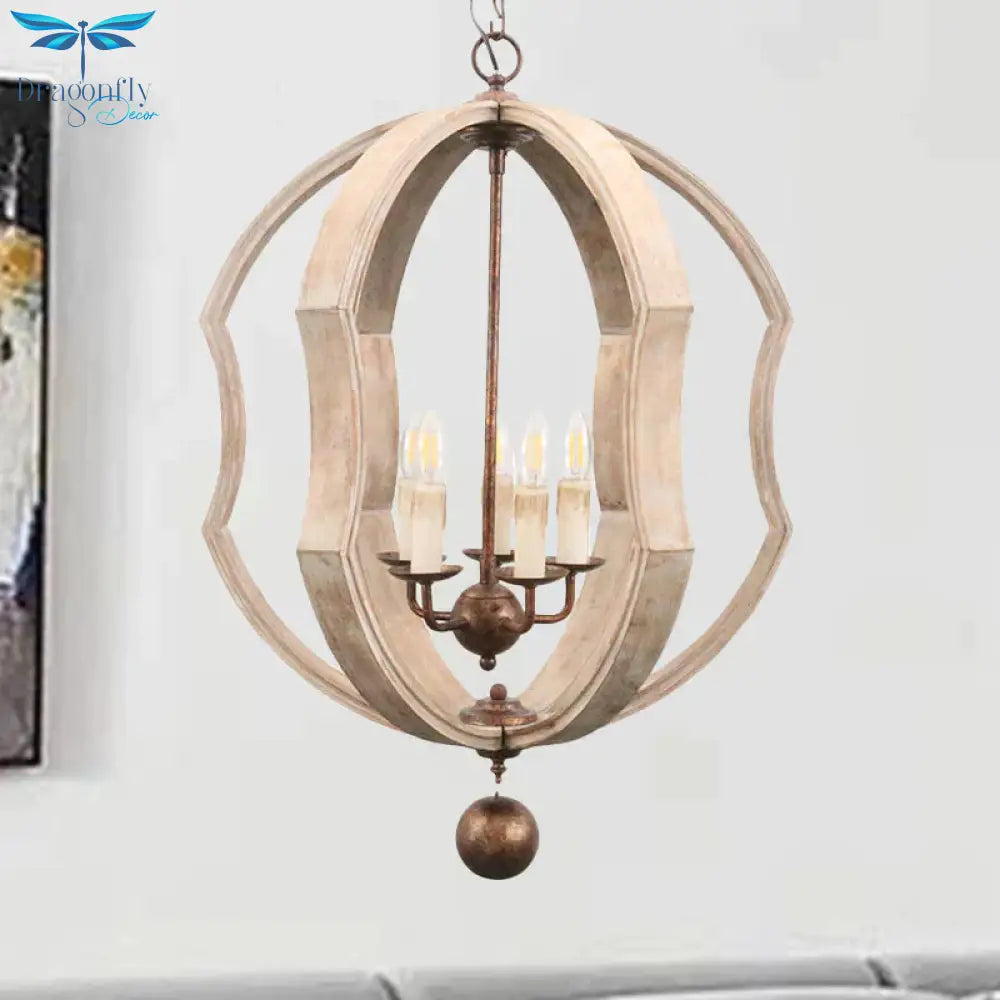 Distressed White Globe Chandelier Lighting Modern Wood 5 Bulbs Pendant Light Fixture With
